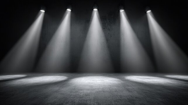 Dramatic Spotlights Shining on Concrete Floor in Dark Empty Studio Space Creating Atmospheric and Moody Light Effects for Photography and Design Purposes
