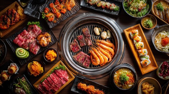 Assortment of korean bbq meats and seafood grilling at a tabletop grill surrounded by banchan and side dishes