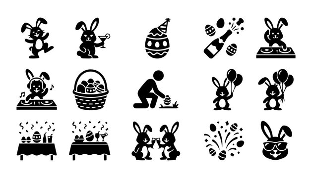 Easter Party Silhouette Icon Set &ndash; Bunny Celebration, DJ, Eggs, Champagne and Festive Holiday Symbols