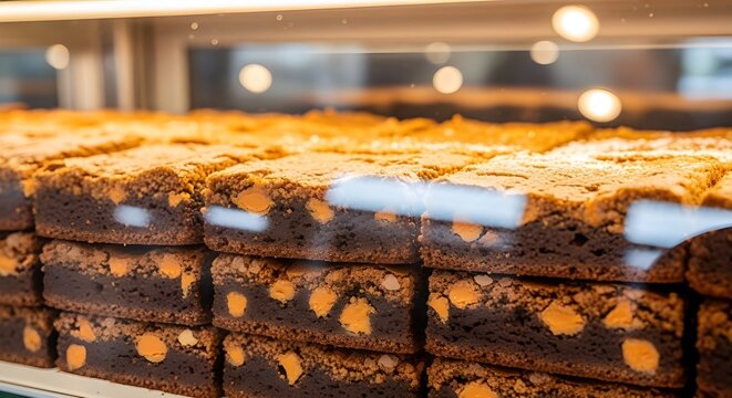 Fresh Butterscotch Brownies in Bakery Display Case with Warm Lighting and Glass Reflections, Realistic Food Photography,National Butterscotch Brownie Day