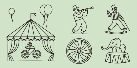 Black line of circus scenes and characters tent balloons bicycle elephant © Bakkar