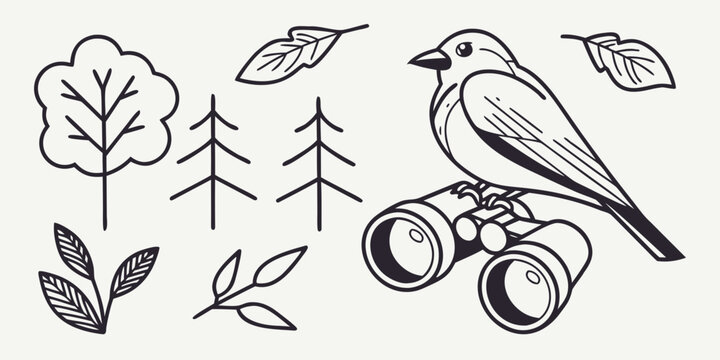 Bird with binoculars and tree leaves trees nature