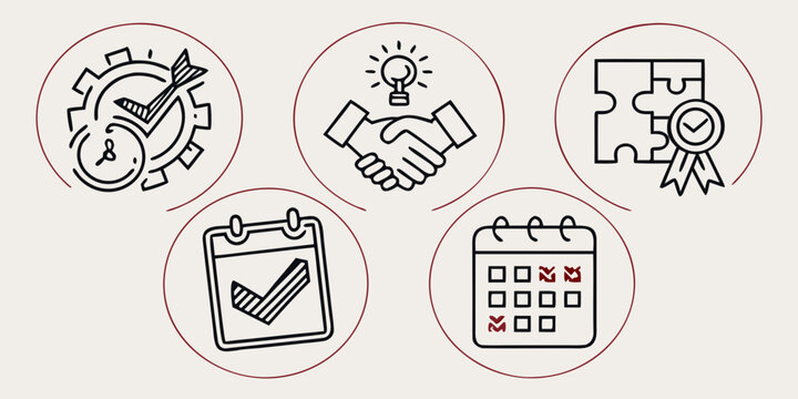 Black and red line of business checklist calendar gear light bulb