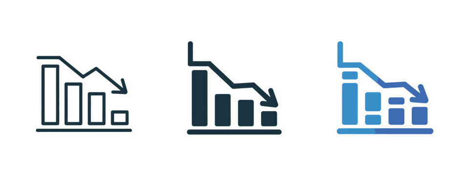 Bar chart with downward arrow icon showing decline and negative trend for business analytics and financial loss