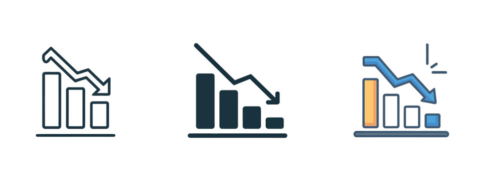 Bar chart with downward arrow icon showing decline and negative trend for business analytics and financial loss