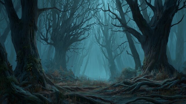haunted foggy forest with twisted roots dark mysterious woodland landscape