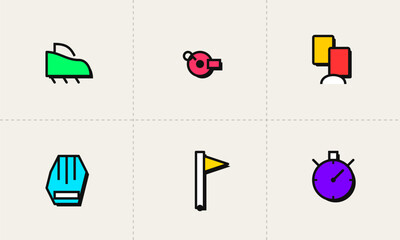Hand-drawn collection of soccer icons including cleats, whistles, penalty cards, gloves, flags, and timers for sports authentic illustration.  authentic illustration © RohossomoyFacts