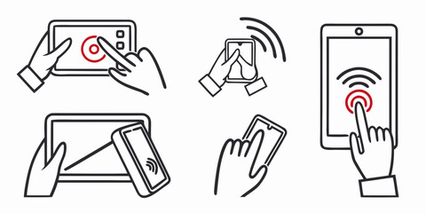 Fototapeta premium Hand holding mobile devices with wireless signals mobile phone tablet Wi-Fi