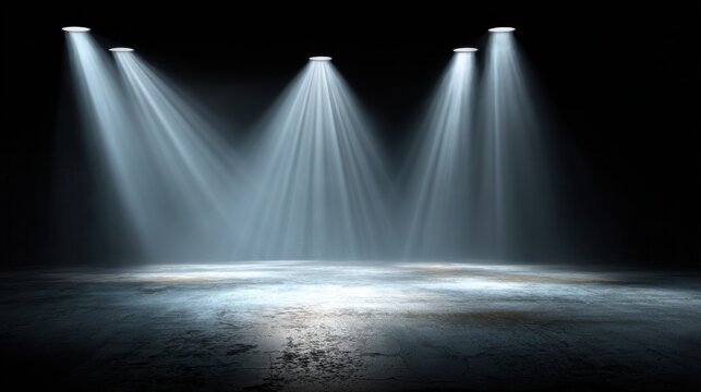 Dramatic Stage Lighting with Spotlights Illuminating an Empty Dark Room Perfect for Theater Production, Dance Performance or Photography Background Use in Artistic Creations