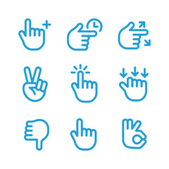 Fototapeta premium Vector of various hand gestures including a pointing finger, thumbs up and down, a peace sign, and an ok sign in blue outlines.