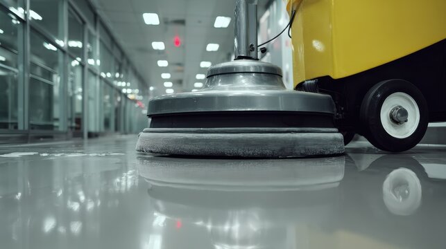 Professional Floor Scrubbing Machine in Action, Cleaning shiny Floors in Modern Office Hallway with Reflection and Bright Lights Above, Promoting Hygiene and Cleanliness