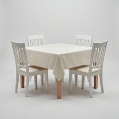 Fototapeta premium Square Dining Table with Beige Tablecloth and Four White Chairs in Minimalist Setting