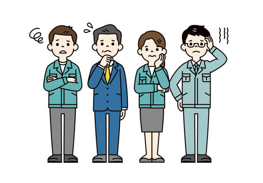 トラブルを抱える社長・経営者と作業服を着た男女の従業員の全身ベクターイラスト素材セット