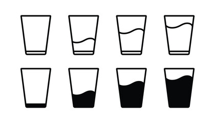 Water glass icon set. Full and empty glass of water icon set. Drinking water glass icon. Milk or juice cup symbol.