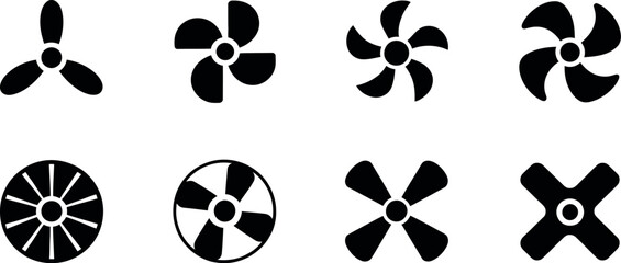 Black fan blades and propellers icon set for airflow, ventilation, cooling systems, and mechanical design vector illustration © Well Done