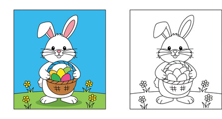 Cute Cartoon Easter Bunny Holding a Basket of Colorful Eggs in a Sunny Field with Flowers, Whimsical Spring Holiday Illustration for Kids and Festive Greetings, Vector Style Graphic © MstSangita