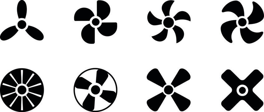 Black fan blades and propellers icon set for airflow, ventilation, cooling systems, and mechanical design vector illustration