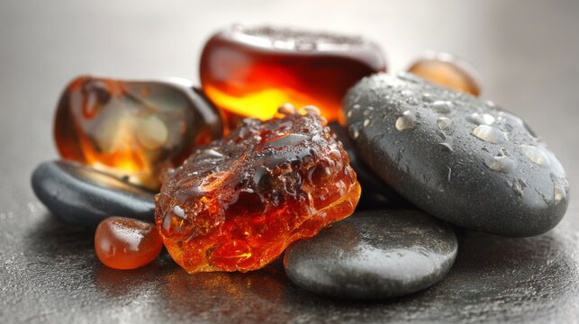 Warm Amber Resin Crystals Alongside Dark Wet Stones