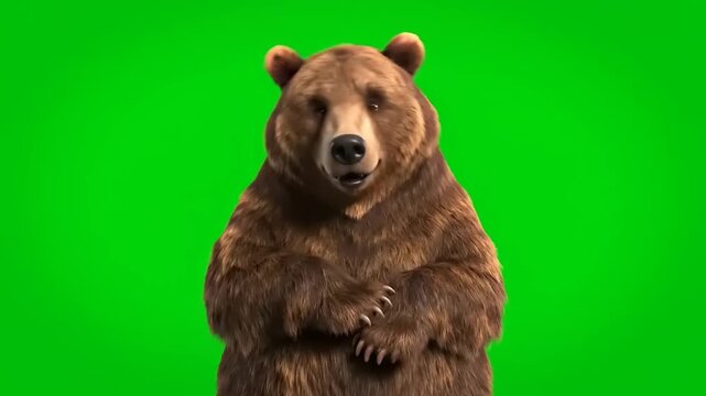 A realistic brown bear stands facing forward against a vibrant green screen background, captured in a medium shot