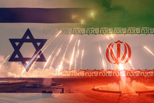 Geopolitical struggle: a military conflict unfolding between Israel and Iran. Missiles near flags.