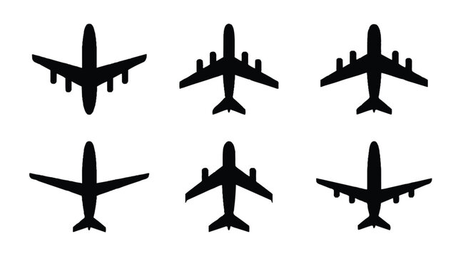 Six different views of airplane silhouettes in flight  various angles