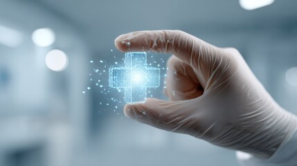 Gloved hand holding a luminous digital medical cross, symbolizing innovation, research, and advanced solutions in the fields of healthcare, medicine, and scientific technology