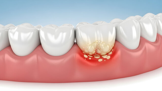 3D illustration of a row of white teeth with red, inflamed gingivitis or periodontal disease affecting the gum tissue
