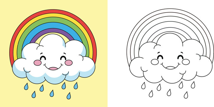Cute Cartoon Smiling Cloud with Rainbow and Raindrops, Whimsical Weather Illustration for Kids and Nursery Decor, Kawaii Cloud Character Vector Art on Yellow Background