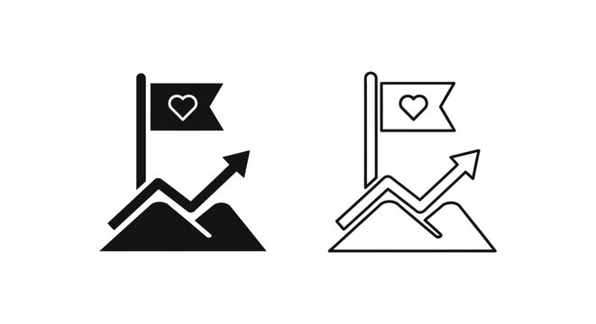 black and white icons of growing graph with heart flag Vector