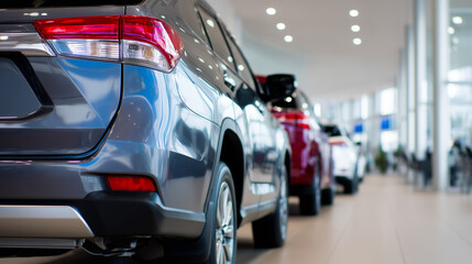 Fototapeta premium Close-up of the rear of new vehicles parked in a row at a bright modern car dealership office, the vehicles showing different color options and model trims, overhead spotlighting h