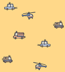 Cute seamless pattern with hand-drawn toy vehicles including cars, helicopters and fire trucks in a doodle vector style. © Md