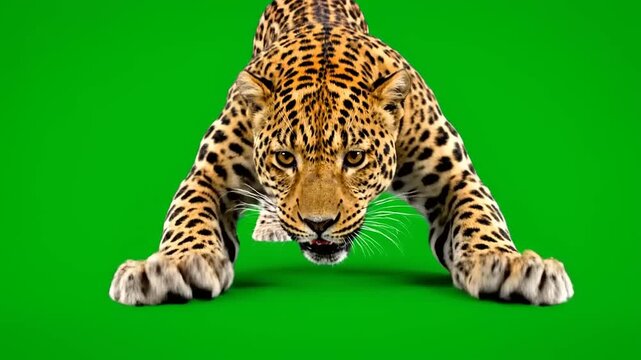 A low-angle shot of a leopard with its front paws extended in a hunting stance against a bright green backdrop, ready to pounce
