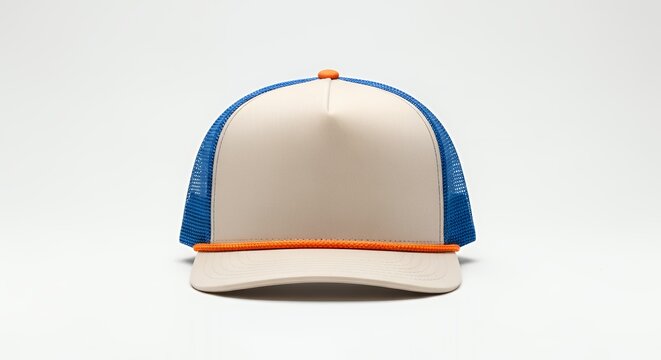 A beige and blue trucker hat with an orange cord detail is presented from the front.