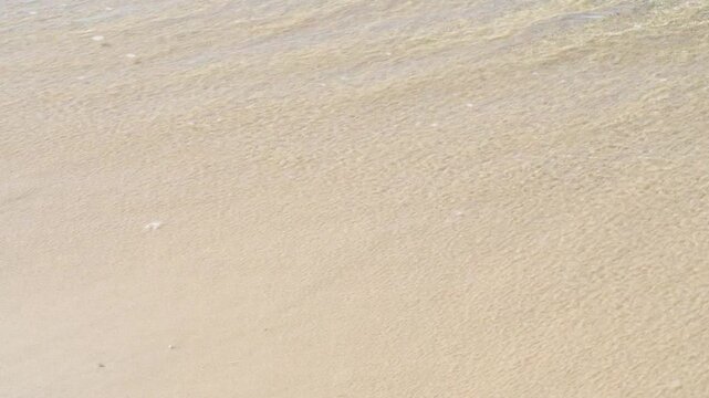 Gentle waves lapping on sandy beach, clear water reflecting sunlight