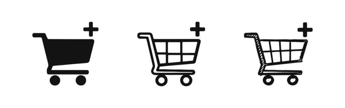 E-commerce shopping cart with plus symbol icon set for adding items to basket