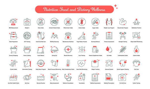 Nutrition Food and Dietary Wellness icon, Personalized Diet Planning and Food Intake Management Icons, Smart Eating and Nutrient Tracking Icons for Healthy Living icon. Editable Stroke.