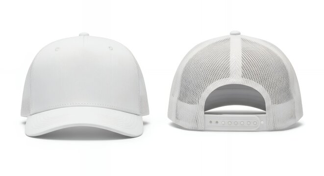 A plain white trucker hat shown from the front and back views, ready for customization.