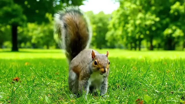 A curious grey squirrel pauses on lush green grass in a sun-dappled park, its bushy tail held high, amidst vibrant summer foliage and tranquil surroundings