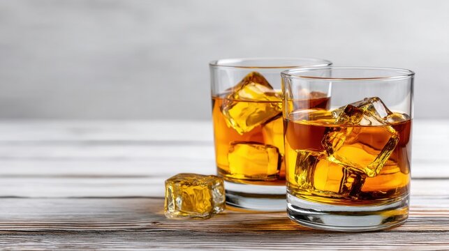 Two short tumblers filled with amber liquor and ice cubes on a wooden surface; one ice cube in front. No visible text