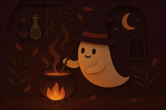 cozy halloween papercut illustration, minimal warm tone autumn halloween art, Cute Halloween Ghost cozy witch papercut illustration, cute ghost witch lifestyle scene