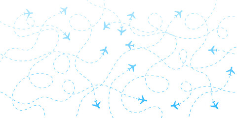 Seamless pattern with blue airplanes flying along dashed travel routes on a clean white background, symbolizing global logistics, journey, and transportation. © JustPrint