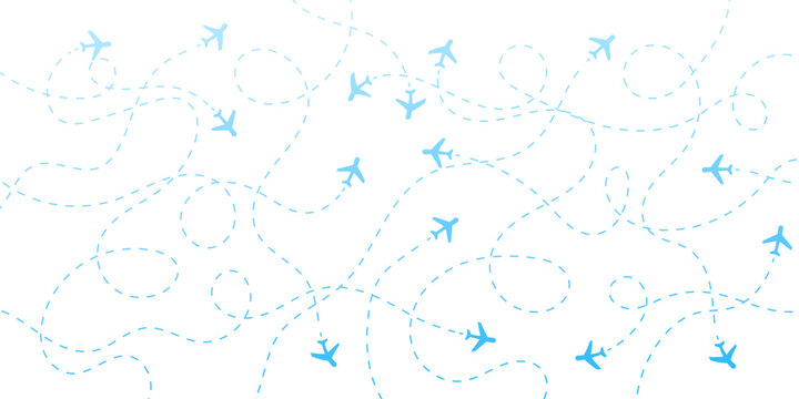 Seamless pattern with blue airplanes flying along dashed travel routes on a clean white background, symbolizing global logistics, journey, and transportation.