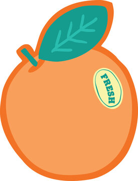 Cute hand-drawn orange fruit with green leaf and fresh sticker in a flat doodle vector style.