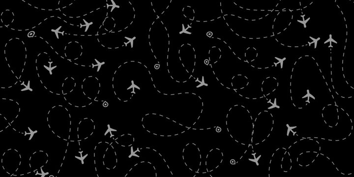 Minimalist vector illustration with numerous light grey airplanes and dashed flight paths, some ending in destination markers, on a solid black background.