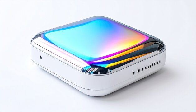 Modern white square device with a shiny, iridescent top and a minimalist design