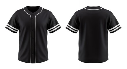 Fototapeta premium A black baseball jersey with white piping and striped sleeves is shown from the front and back.