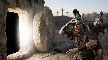 Fototapeta premium Roman soldiers reacting with shock to the miraculous empty tomb of Christ. Biblical scene of the Resurrection on Easter morning with holy light radiating from the stone cave entrance.