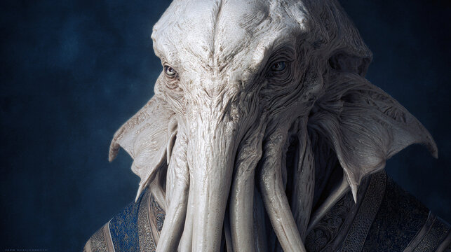 Photorealistic portrait of an old alien in white and cream tones, with a tentacle mouth, sci-fi horror fantasy concept
