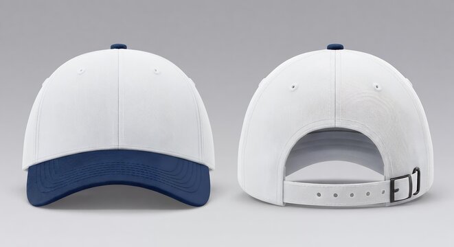 A white baseball cap with a navy blue brim and button is shown from the front and back
