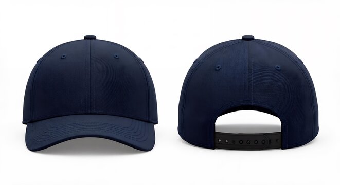 A navy blue baseball cap shown from the front and back views